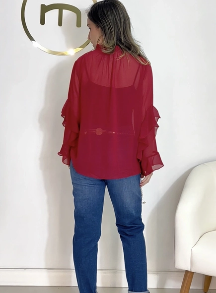 blusa bata manga longa chiffon babados