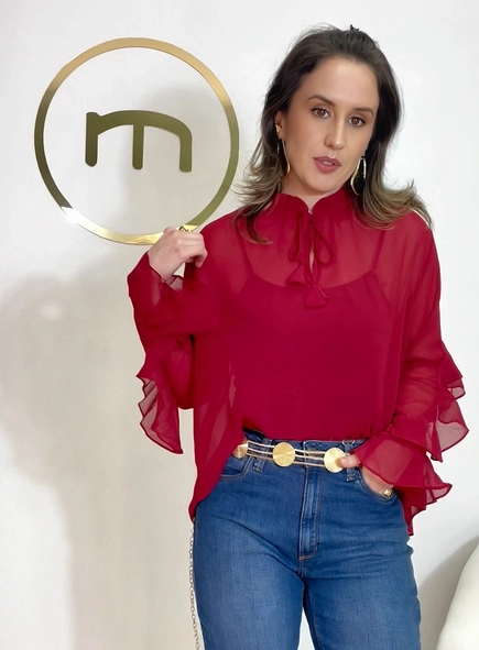 blusa bata manga longa chiffon babados