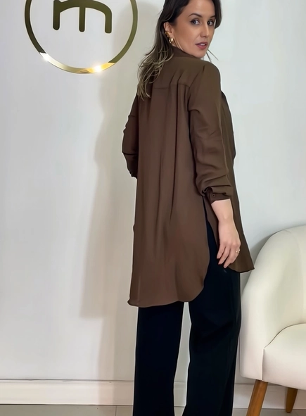 camisa crepe manga longa alongada