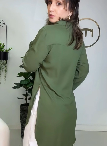 camisa crepe manga longa alongada