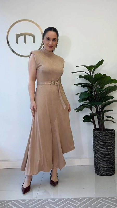 vestido midi suede com cinto