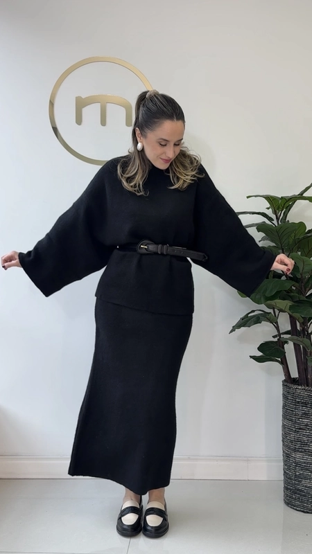 conjunto tricot blusa e saia transpassada classy