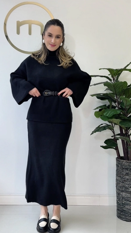 conjunto tricot blusa e saia transpassada classy