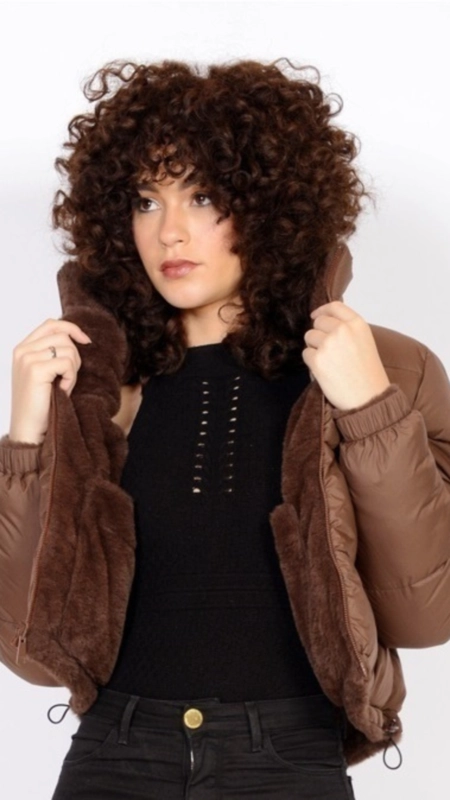 jaqueta puffer dupla face nylon teddy