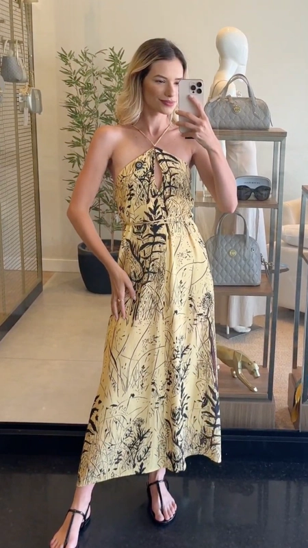 vestido longo animale frente unica folhagem nanquim