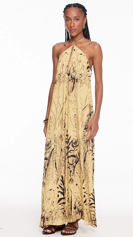 vestido longo animale frente unica folhagem nanquim