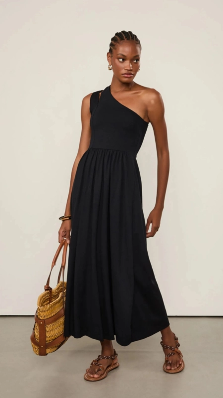 vestido midi animale recorte ombro