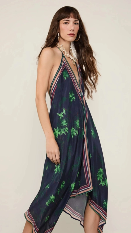 vestido midi animale decote v lenço coqueiro