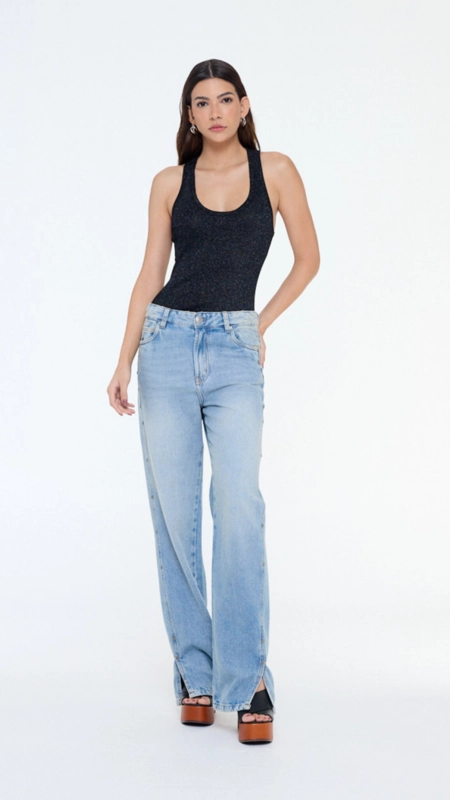 calça jeans reta tachas fenda na barra animale jeans