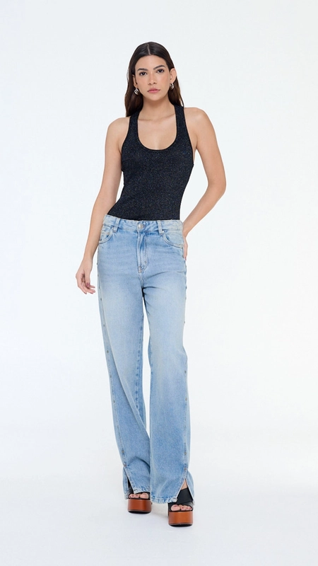 calça jeans reta tachas fenda na barra animale jeans