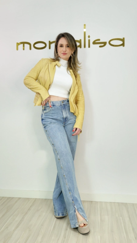 calça jeans reta tachas fenda na barra animale jeans