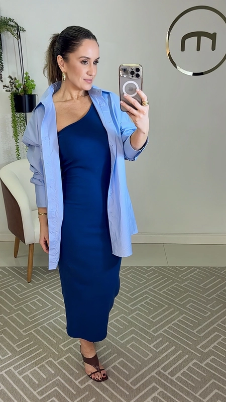 vestido malha um ombro animale jeans