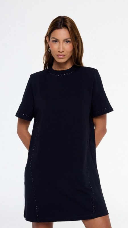 vestido tshirt dress malha brilho gola animale jeans