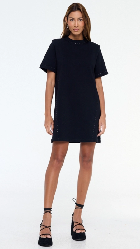 vestido tshirt dress malha brilho gola animale jeans