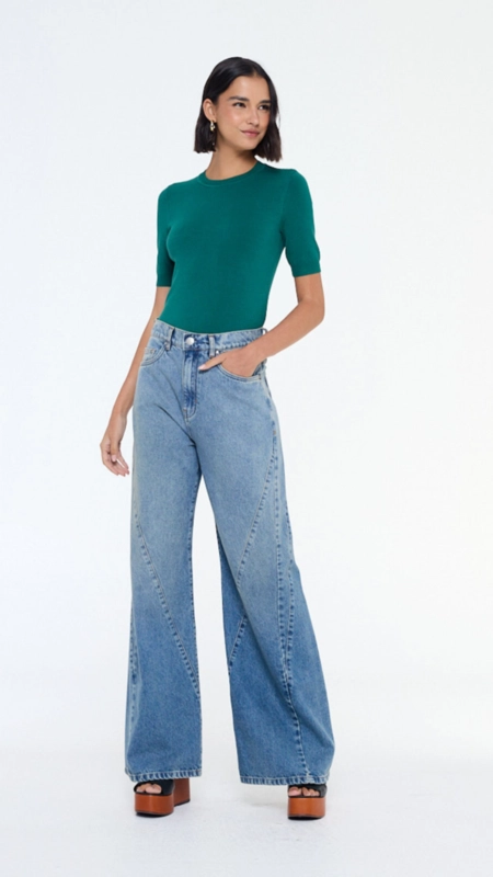 blusa tricot decote redondo animale jeans