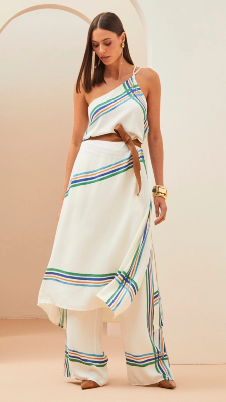 vestido midi forum visco um ombro art stripes