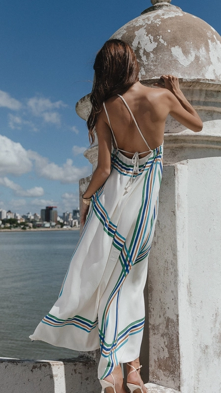 vestido midi forum visco um ombro art stripes