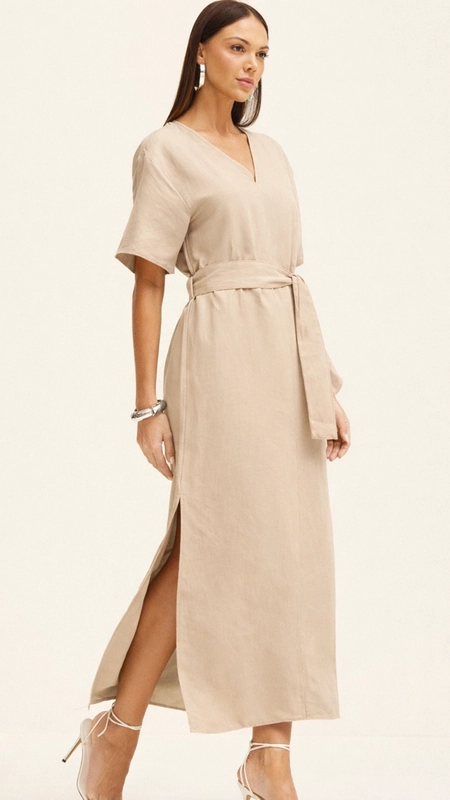 vestido midi linho manga curta com cinto maiara premium