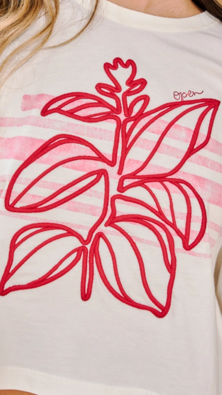 camiseta estampada e bordada open