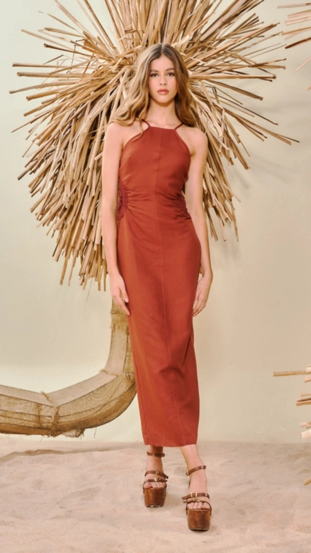 vestido midi linho vazado lateral open