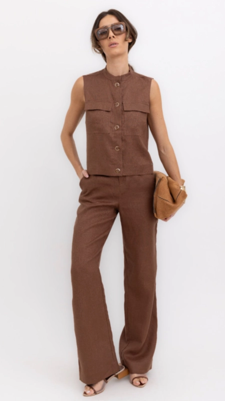 calça reta linho 100% borda barroca