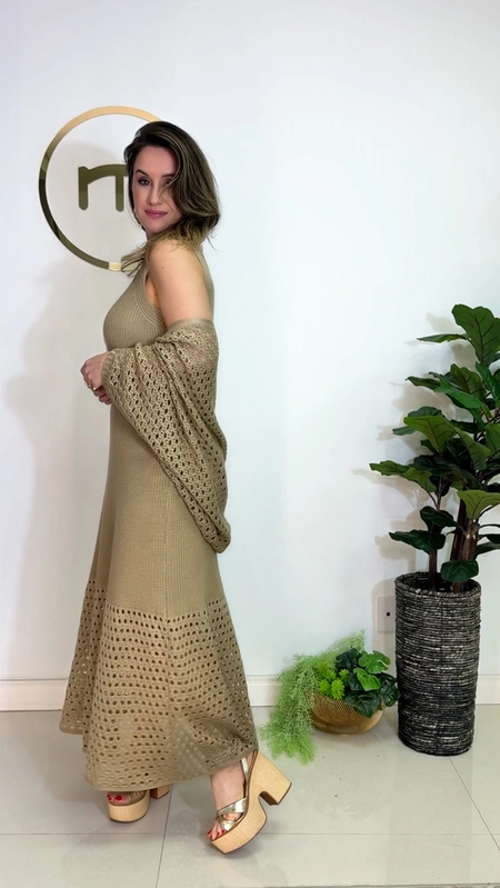 vestido midi crochê chic com casaqueto