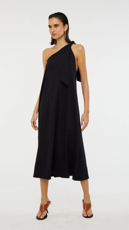 Vestido midi animale um ombro amarração