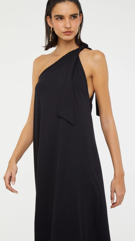 Vestido midi animale um ombro amarração