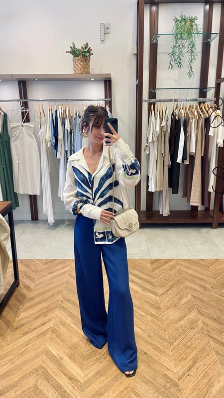 camisa linho open blue palm tree