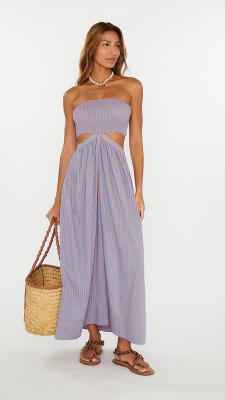 vestido midi animale sem alca listrado