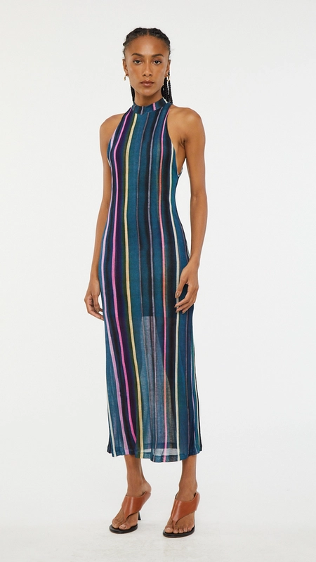 vestido midi animale gola alta listra marina color