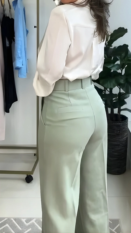 calça pantalona com cinto linho belga