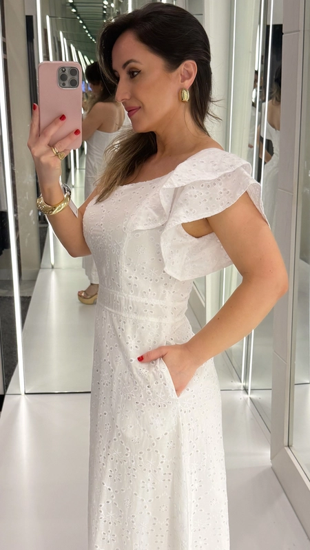 vestido midi laise um ombro gloss