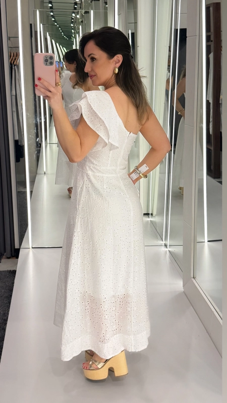 vestido midi laise um ombro gloss