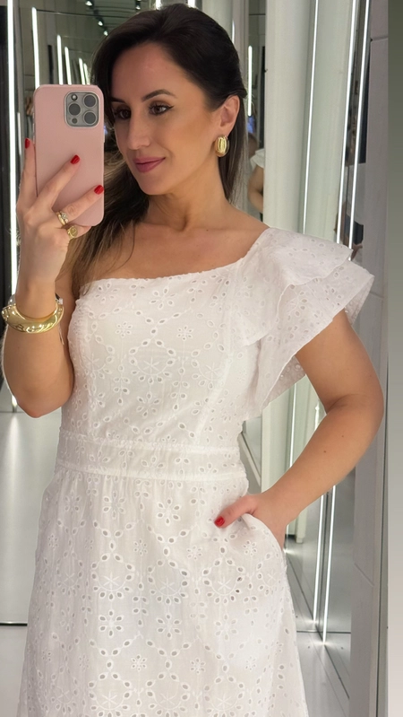 vestido midi laise um ombro gloss