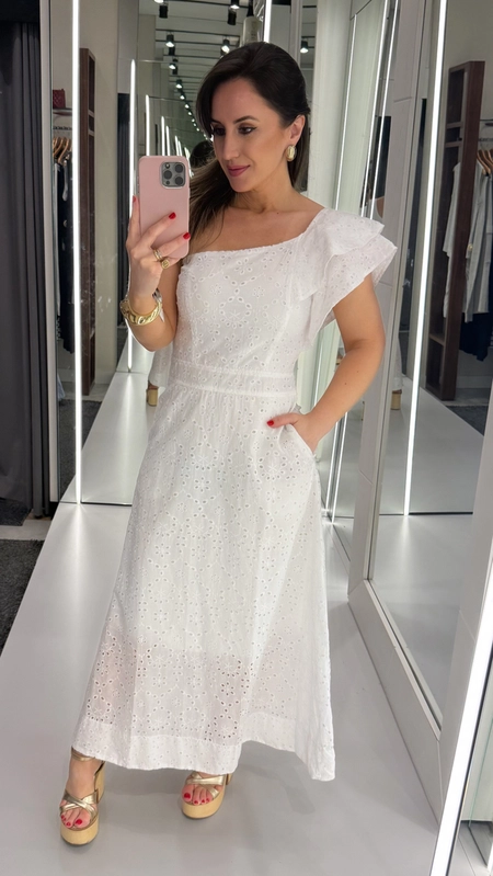 vestido midi laise um ombro gloss