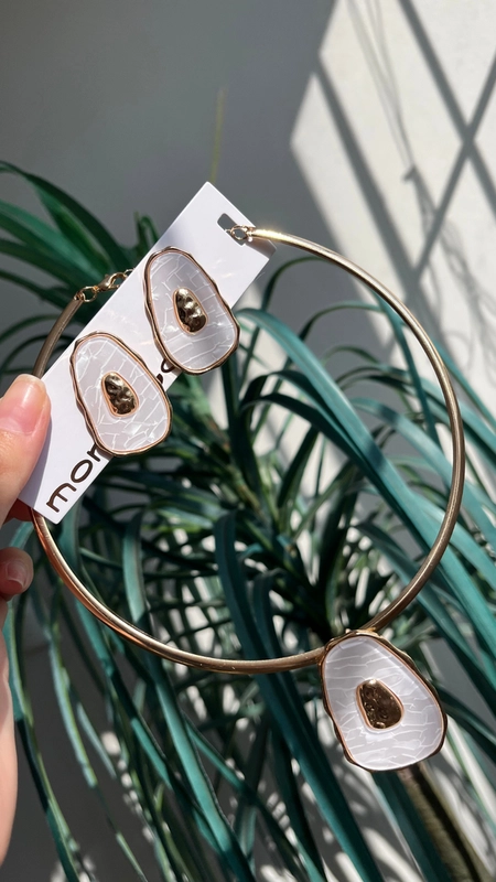 conjunto colar e brinco madrepérola oval organic