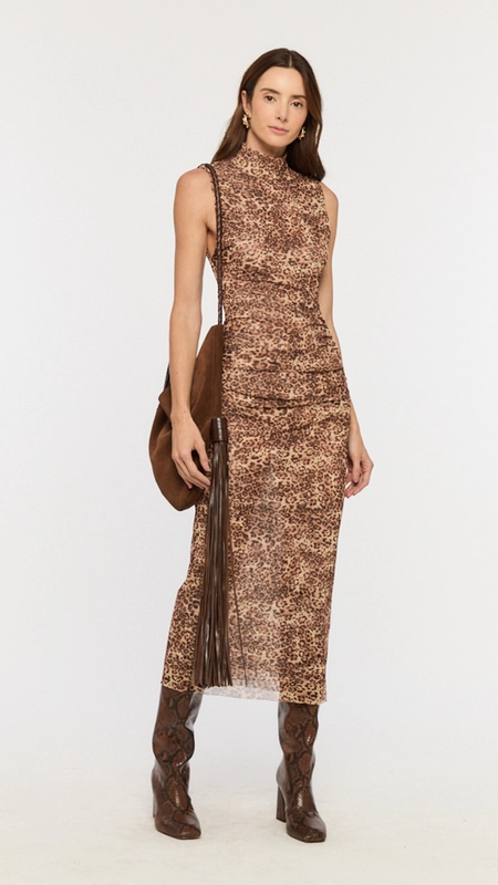 vestido tule midi animale onça