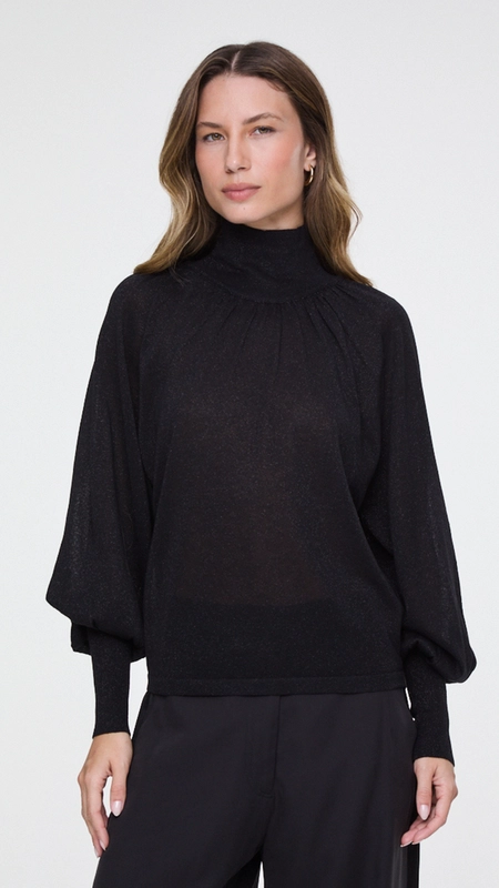 blusa tricot manga bufante lurex animale jeans