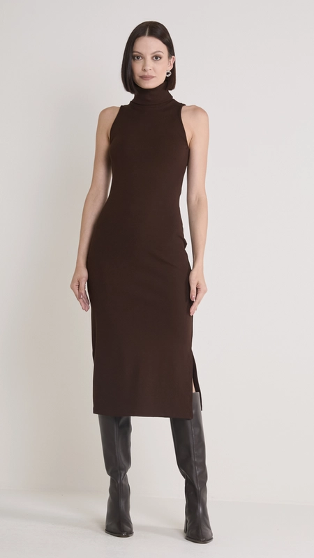 vestido midi canelado gola alta forum