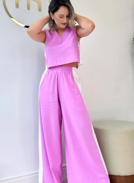 calça pantalona linho bicolor