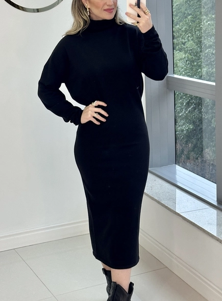 vestido tricot gola alta midi animale jeans