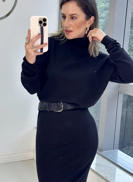 vestido tricot gola alta midi animale jeans