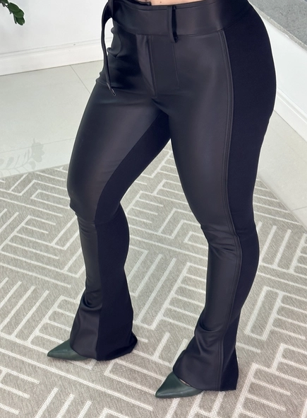 calça bootcut pu e malha open