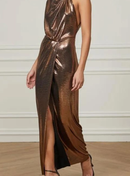 vestido longo gola lenço metalizado animale