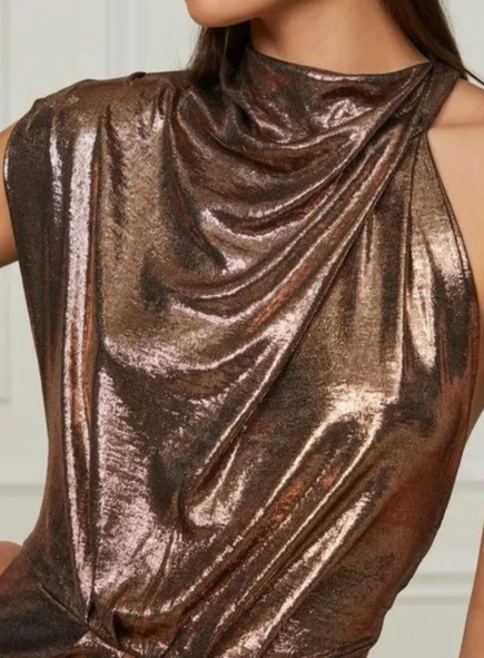 vestido longo gola lenço metalizado animale