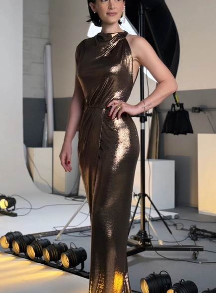 vestido longo gola lenço metalizado animale