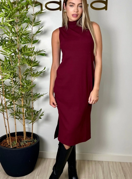 vestido midi gola alta ribana visco lia