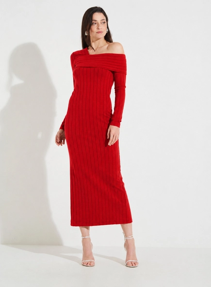 vestido midi ml canelado decote assimétrico forum
