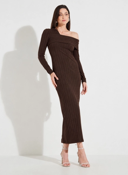vestido midi ml canelado decote assimétrico forum